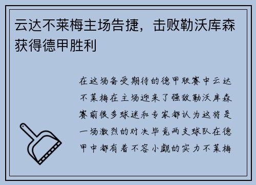 云达不莱梅主场告捷，击败勒沃库森获得德甲胜利