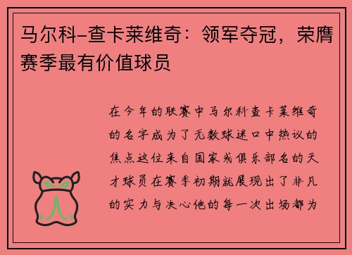 马尔科-查卡莱维奇：领军夺冠，荣膺赛季最有价值球员