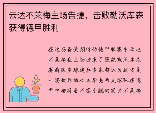 云达不莱梅主场告捷，击败勒沃库森获得德甲胜利